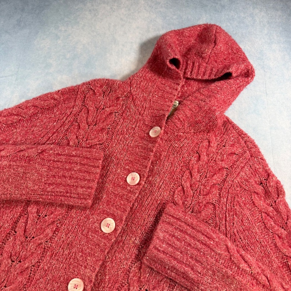L.L. Bean Wool Blend Cardigan Womens S Pink Excellent Hooded Cable Knit Sweater